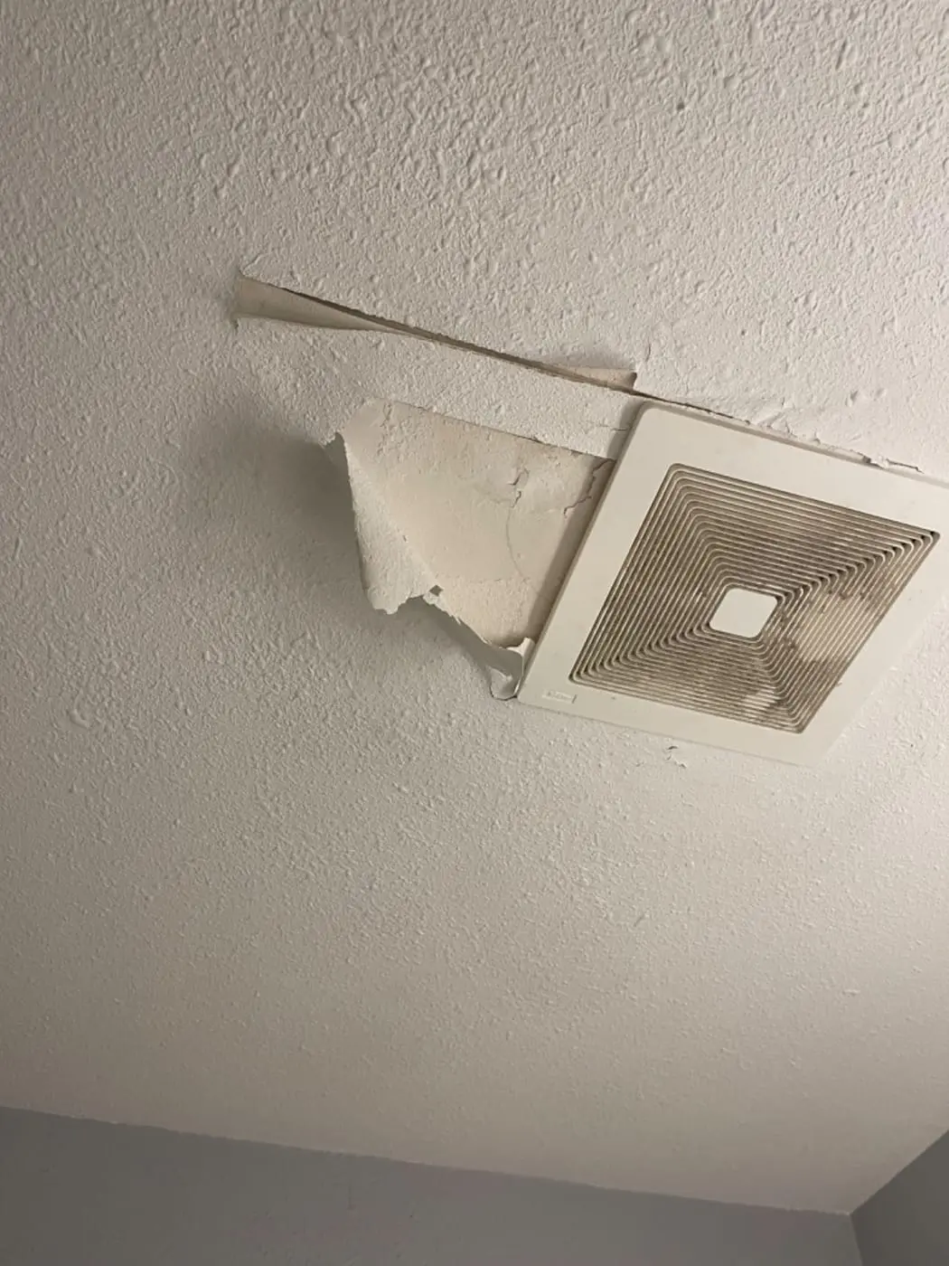 The fan grille with nothing solid left to sit against.