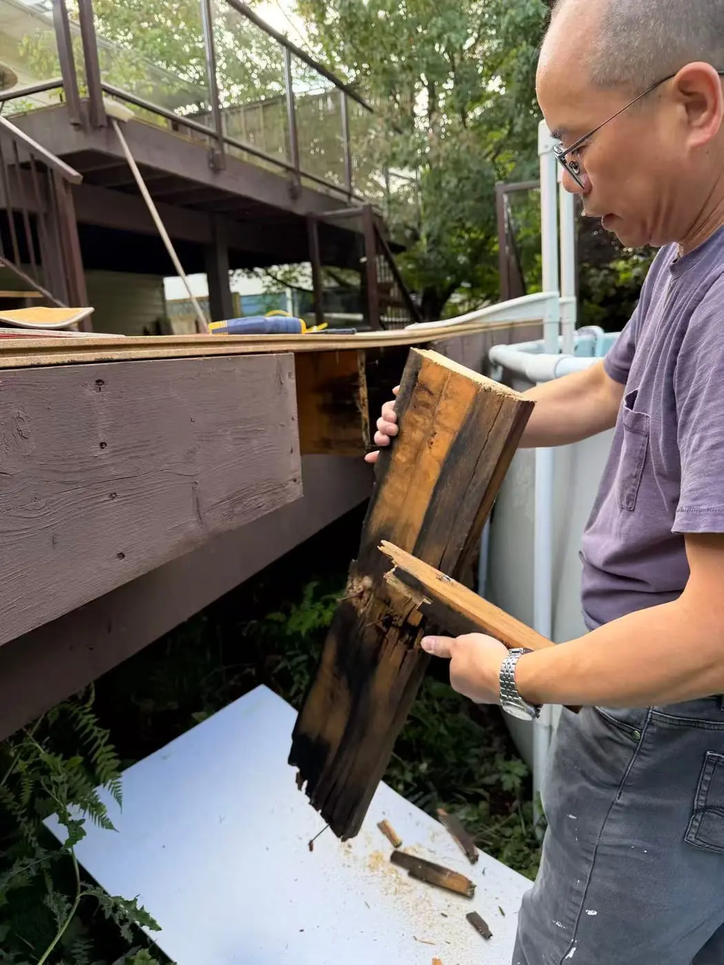 Every new board stained before installation, not after.