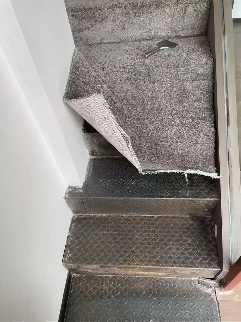Worn carpet coming off the treads.